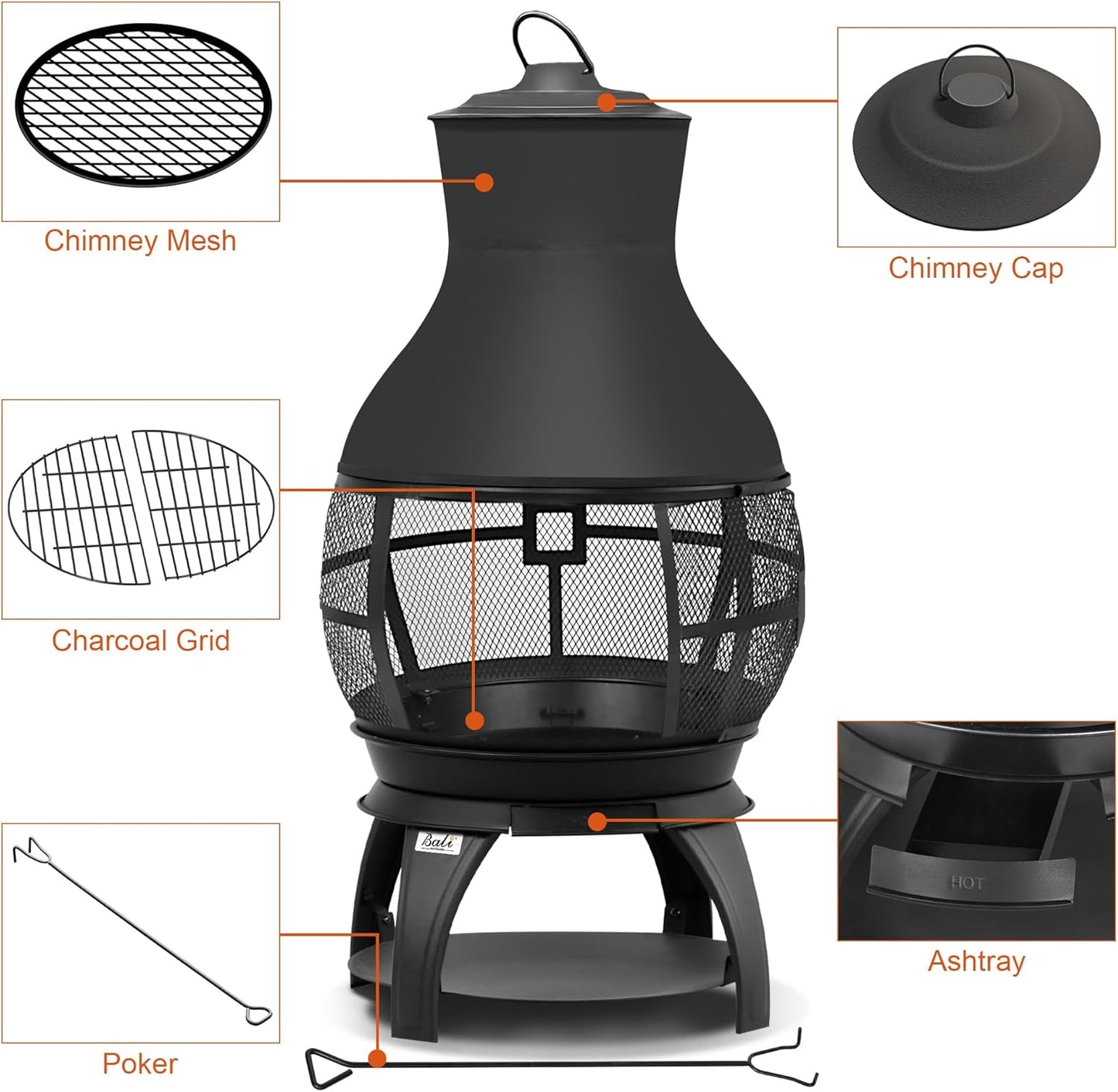 BALI OUTDOORS Fire Pit Wood Burning Chiminea outside Fireplace Patio Small Firepit, Size 17.7" W X 35.6" H, Brown-Black