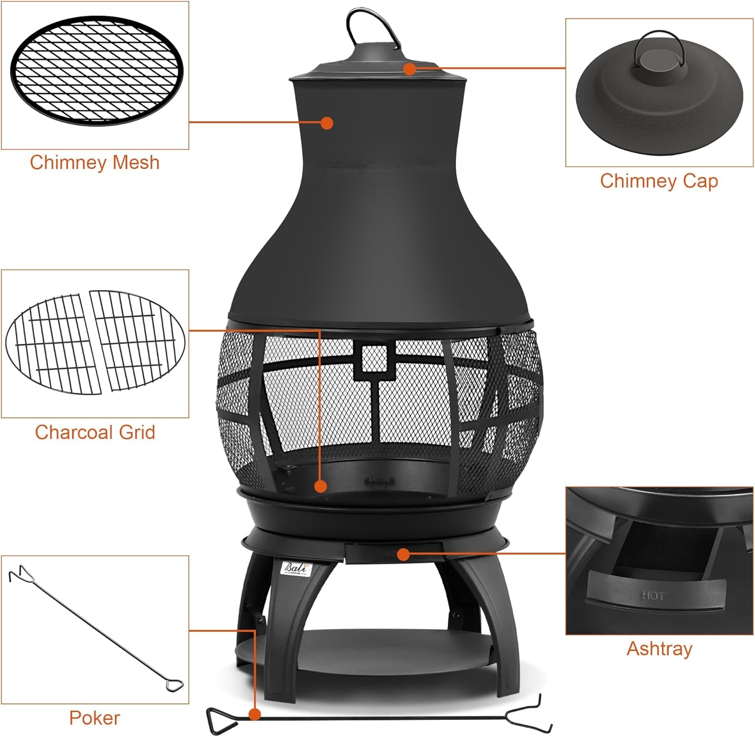 BALI OUTDOORS Fire Pit Wood Burning Chiminea outside Fireplace Patio Small Firepit, Size 17.7" W X 35.6" H, Brown-Black