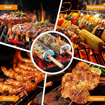 Rolling Grilling Baskets for Outdoor Grill 2 Pcs,Removable Wooden Handle,Perfect Gifts for Men Dad Husband,Portable Camping Nesting Grill Baskets for Fish, Shrimp, Meat, Vegetables
