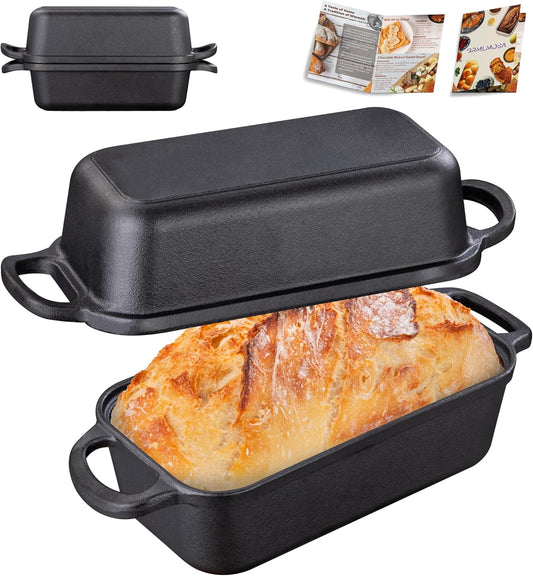 Grmimosa 2 in 1 Cast Iron Bread Loaf Pan with Lid, Loaf Pans for Baking Bread 9X5, Even Heat Distribution for Meatloaf, Homemade Bread