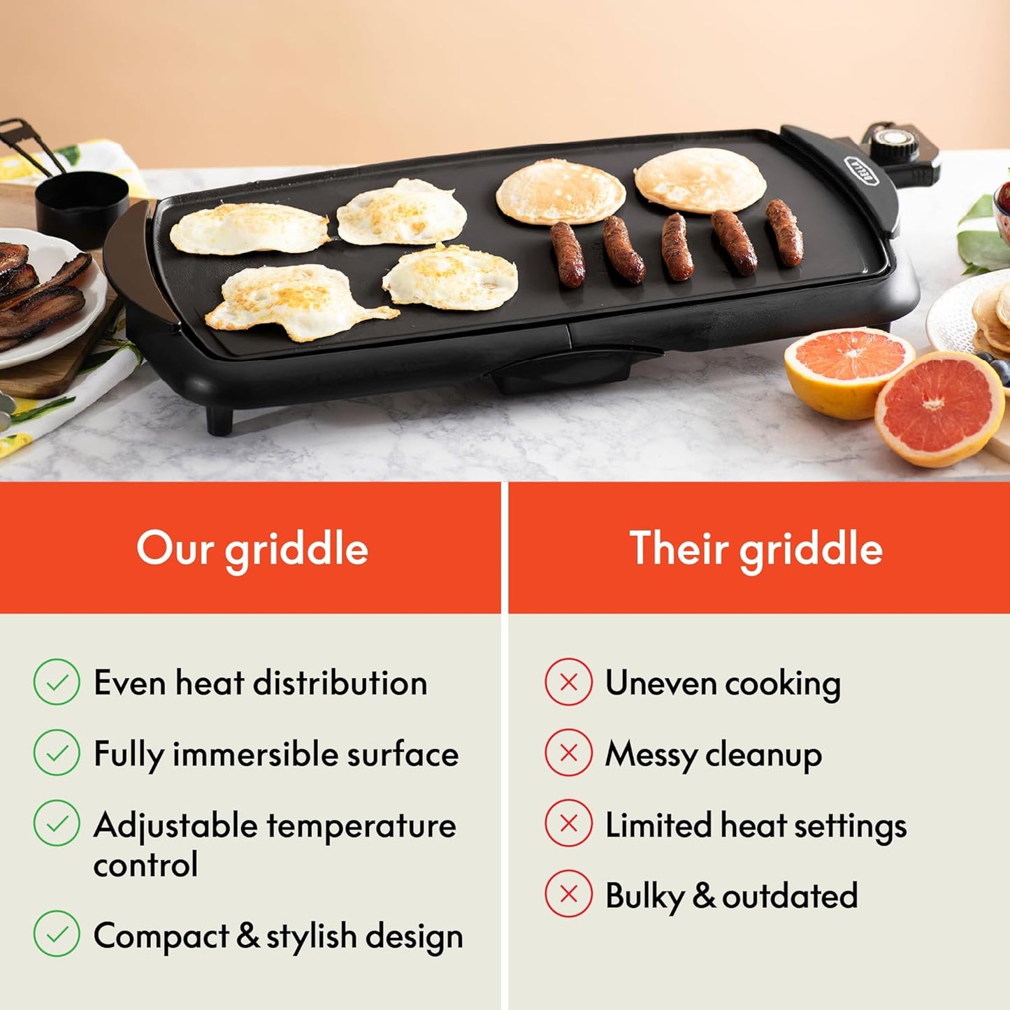 BELLA Electric Griddle & Flat Grill with Nonstick Large Cooking Surface and Removable Probe for Eggs, Tortillas, Pancake and More, 10.5" X 20", Black