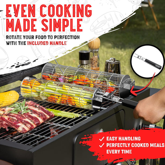 Rolling Grill Basket, New Opening Design, Extra Sturdy Cylinder Grilling Basket, Food Grade Stainless Steel, Large Portable Outdoor Camping Accessories BBQ Net Rack, Cooking Griller for Fish, Vegetables, and More - Gifts for Men Dad Husband - Set of 2