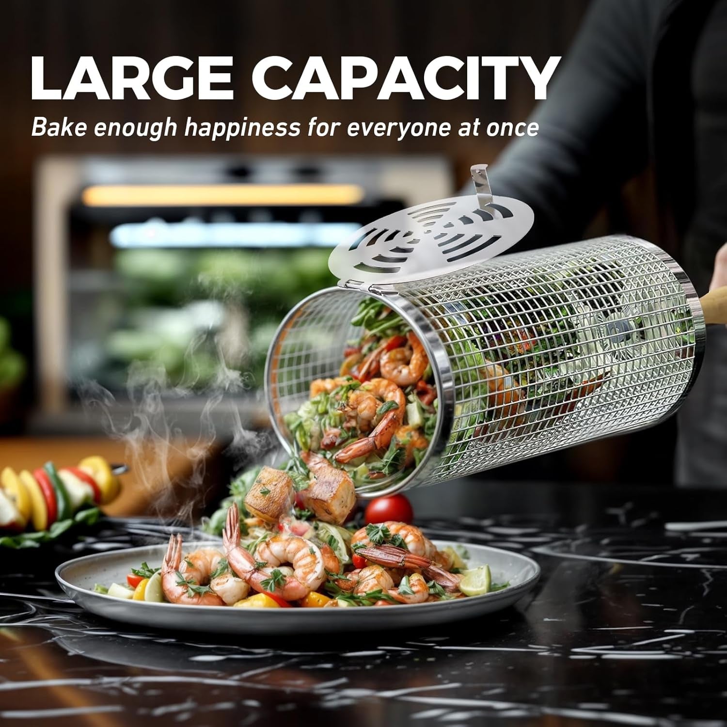 Rolling Grill Basket(2Pcs), Removable Wooden Handle, 304 Stainless Steel, Grilling Accessories Tools for Vegetables Meat Food, Outdoor Camping Grilling, Birthday Gifts for Men Husband Men