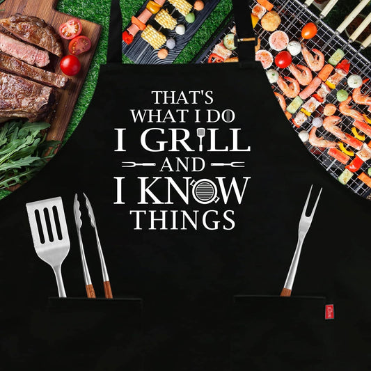 Funny Grilling Aprons for Men - BBQ Cooking Apron with 2 Pockets, Adjustable Neck Strap and 40" Long Ties - That'S What I Do I Grill and I Know Things