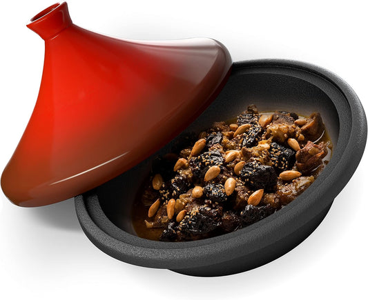 Kook Moroccan Tagine, Enameled Cast Iron Cooking Pot, Tajine with Ceramic Cone-Shaped Closed Lid, 3.3 QT, (Crimson)