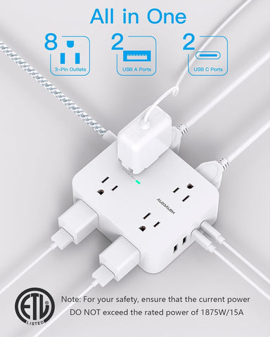 Image of Surge Protector Power Strip - 8 Outlets with 4 USB (2 USB C) Charging Ports, Multi Plug Outlet Extender, 5Ft Braided Extension Cord, Flat Plug Wall Mount Desk USB Charging Station for Home Office ETL