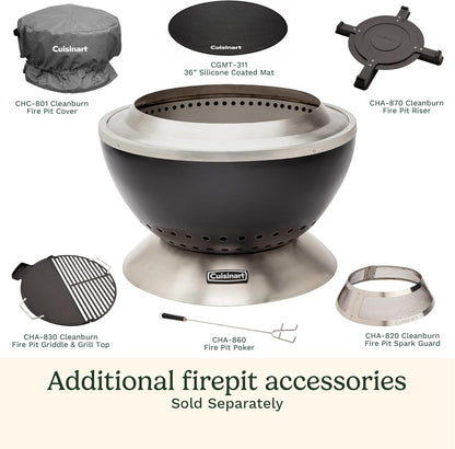 Cuisinart 24” Cleanburn Smokeless Fire Pit with Removable Base for Ash, Portable Outdoor Wood Burning Fireplace, Smoke Free Stainless Steel Outdoor Heater, Enhanced Airflow and Easy Cleanup