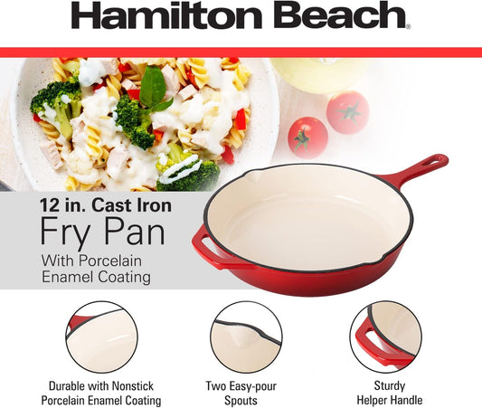 Hamilton Beach Enameled Cast Iron Fry Pan 12-Inch Red, Cream Enamel Coating, Skillet Pan for Stove Top and Oven