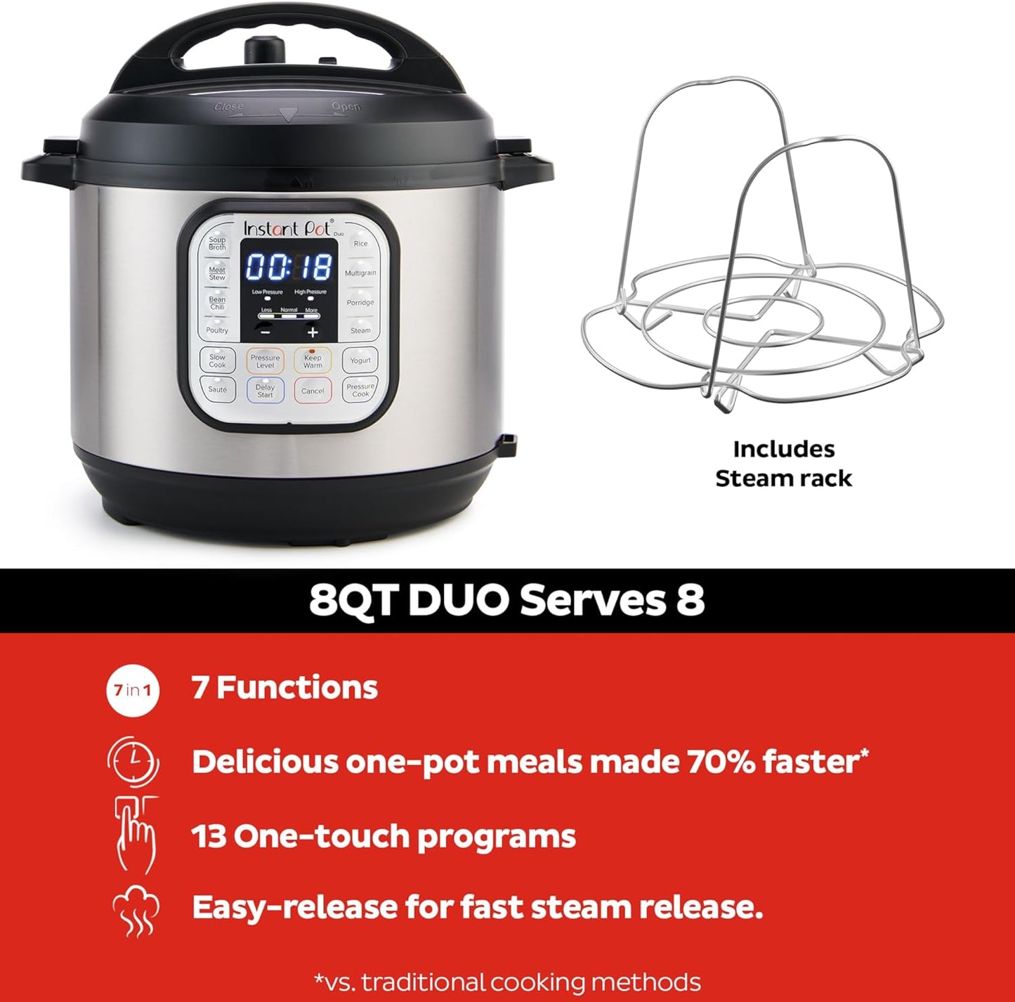 Instant Pot Duo 7-In-1 Electric Pressure Cooker, Slow Cooker, Rice Cooker, Steamer, Sauté, Yogurt Maker, Warmer & Sterilizer, Includes App with over 800 Recipes, Stainless Steel, 8 Quart