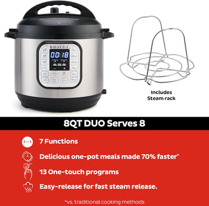 Instant Pot Duo 7-In-1 Electric Pressure Cooker, Slow Cooker, Rice Cooker, Steamer, Sauté, Yogurt Maker, Warmer & Sterilizer, Includes App with over 800 Recipes, Stainless Steel, 8 Quart