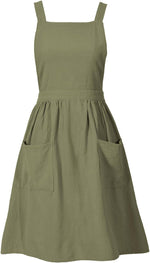 Cotton Linen Pinafore Apron Dress for Women with Pockets Cute Art Chef Aprons for Kitchen Baking Gardening Painting