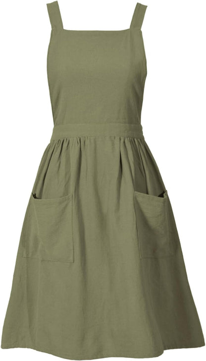 Cotton Linen Pinafore Apron Dress for Women with Pockets Cute Art Chef Aprons for Kitchen Baking Gardening Painting