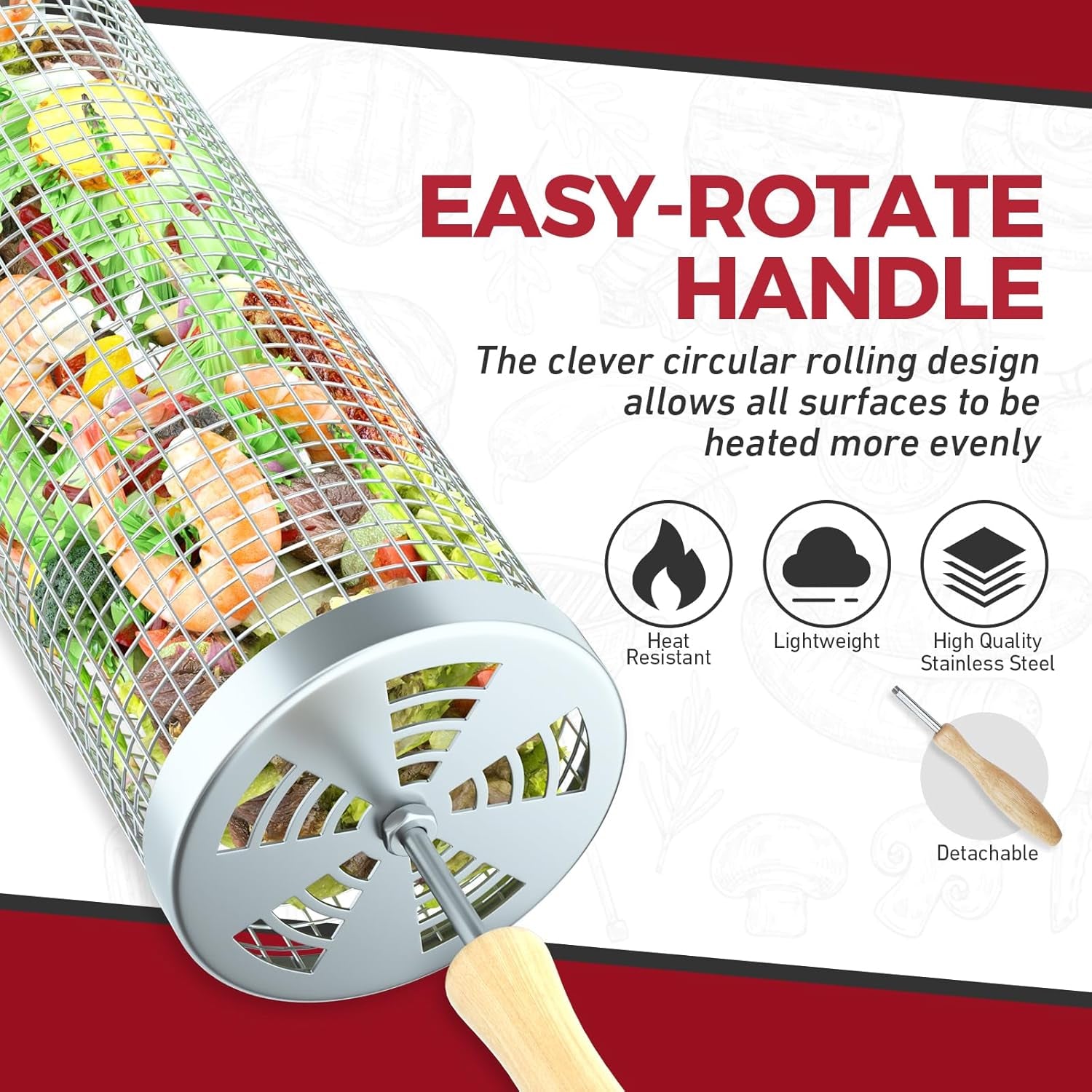 Rolling Grill Basket(2Pcs), Removable Wooden Handle, 304 Stainless Steel, Grilling Accessories Tools for Vegetables Meat Food, Outdoor Camping Grilling, Birthday Gifts for Men Husband Men