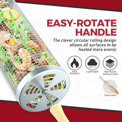 Rolling Grill Basket(2Pcs), Removable Wooden Handle, 304 Stainless Steel, Grilling Accessories Tools for Vegetables Meat Food, Outdoor Camping Grilling, Birthday Gifts for Men Husband Men