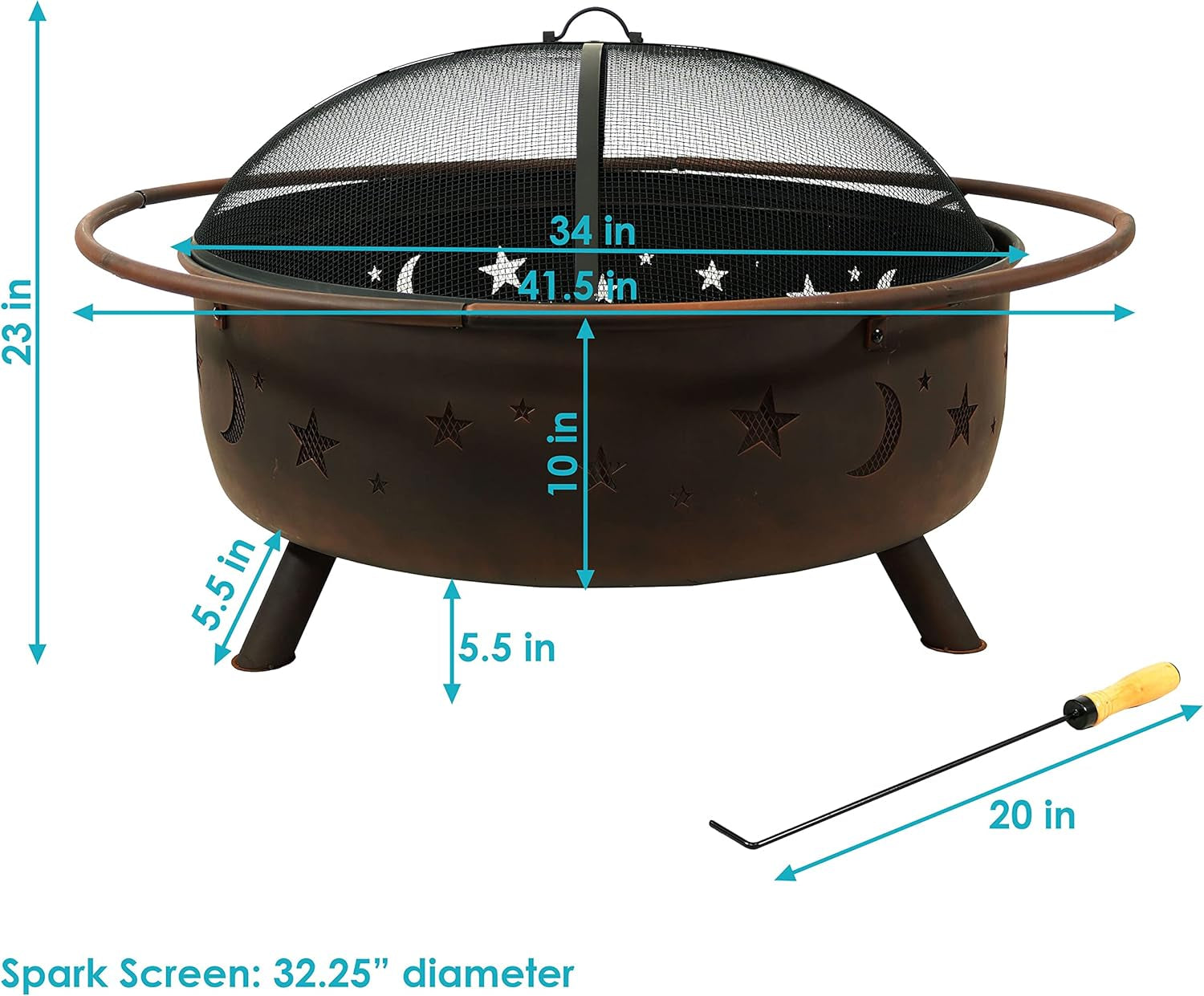 Sunnydaze Cosmic 42-Inch Large Outdoor Fire Pit - Wood-Burning Fire Pit with round Spark Screen, Poker, and Built-In Grate