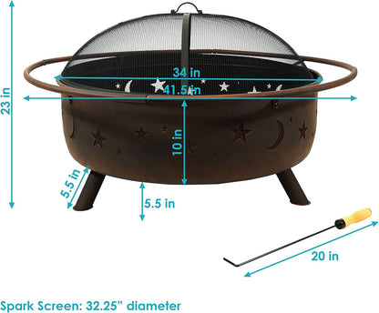 Sunnydaze Cosmic 42-Inch Large Outdoor Fire Pit - Wood-Burning Fire Pit with round Spark Screen, Poker, and Built-In Grate