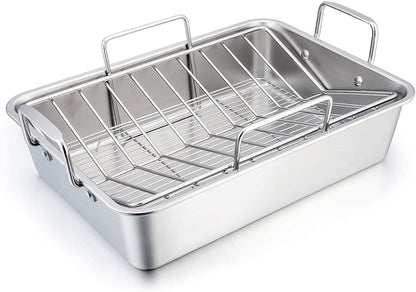 Teamfar Roasting Pan, 15 Inch Large Turkey Roaster Lasagna Pan with V Rack & Cooling Rack Set Stainless Steel for Thanksgiving Christmas, Healthy & Heavy Duty, Deep Side & Dishwasher Safe - 3 PCS