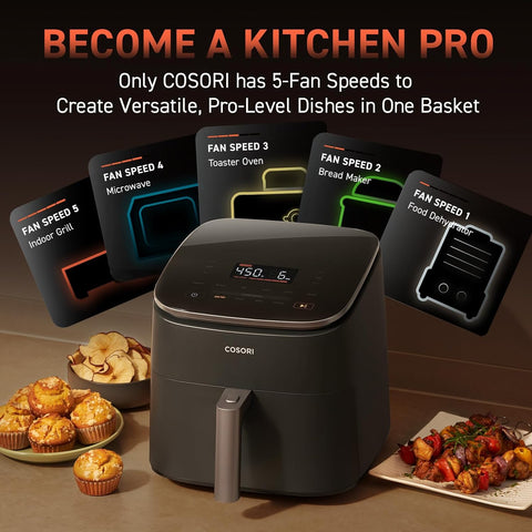 Image of COSORI Air Fryer 9-In-1, Compact & Large 6-Qt, Fast Turbo Modes, 90°–450°F Even Results with Precise Temperature Control, up to 95% Less Oil*, Roast, Bake, Dry, Reheat, Frozen, Broil, Proof, Grey