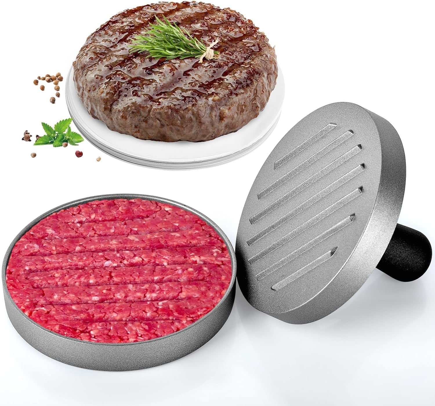 LAZYBISON Burger Press Patty Maker with 200PCS Free Wax Papers|Aluminum Non-Stick Hamburger Press Kit Burger Maker|1/4Lb to 1/3Lb Meat Beef Veggie Hamburger Mold for Kitchen BBQ Grill
