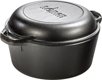 Lodge 5 Quart Cast Iron Double Dutch Oven – Pre-Seasoned – Lid Converts to 10.25" Skillet – Pfas-Free – Made in USA – Dual Handles – Oven, Grill, Campfire & Stovetop Safe – Durable & Non-Toxic