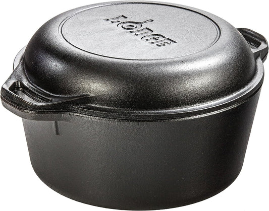 Lodge 5 Quart Cast Iron Double Dutch Oven – Pre-Seasoned – Lid Converts to 10.25" Skillet – Pfas-Free – Made in USA – Dual Handles – Oven, Grill, Campfire & Stovetop Safe – Durable & Non-Toxic