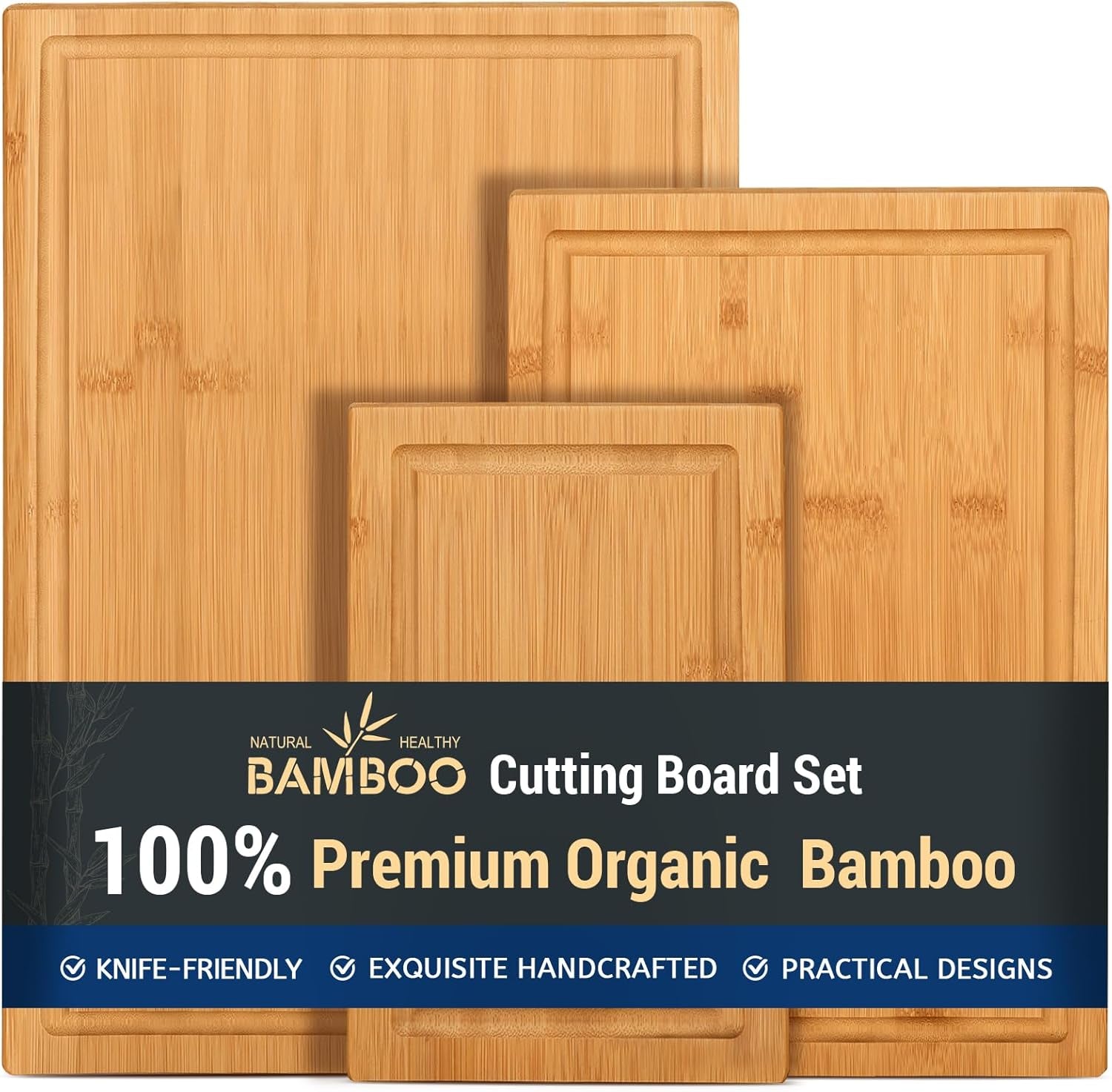 Hiware 3-Piece Bamboo Cutting Boards for Kitchen, Heavy Duty Bamboo Cutting Board with Juice Groove, Wood Cutting Board Set for Meat, Vegetables