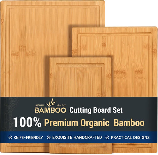 Hiware 3-Piece Bamboo Cutting Boards for Kitchen, Heavy Duty Bamboo Cutting Board with Juice Groove, Wood Cutting Board Set for Meat, Vegetables