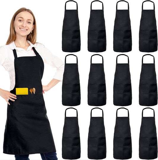 12 Pack Bib Apron, Unisex Restaurant Kitchen Aprons for Women with 2 Pockets, Chef Aprons for Cooking Men BBQ Painting Drawing Craft Plain Adults, Bulk Black