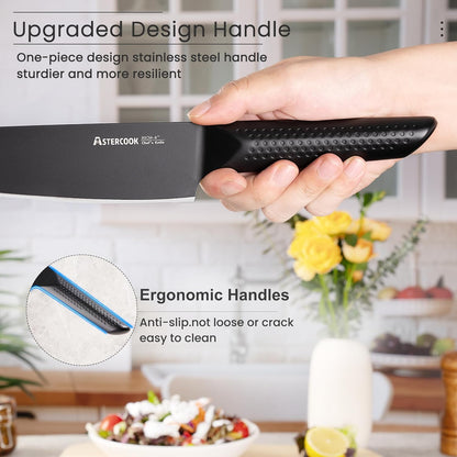 Astercook Knife Set, 15 Pieces Kitchen Knife Sets with Block and Built-In Knife Sharpener, German Stainless Steel Handle One-Piece Design Knives Block Set Dishwasher Safe, Black