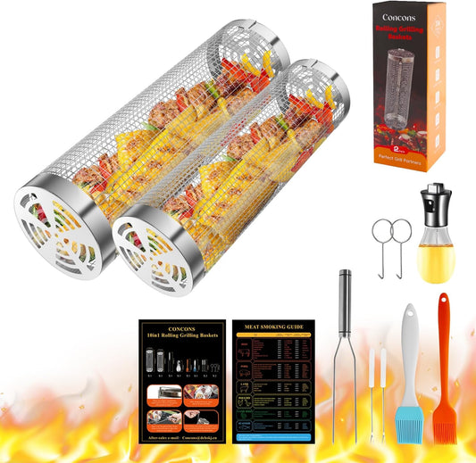 Grill Basket 2 PCS, Rolling Grill Baskets for Outdoor Grill, Grilling Accessories, Stainless Steel BBQ Net Tube Baskets with Oil Sprayer for Veggies, Shrimp, Grilling Gifts for Men