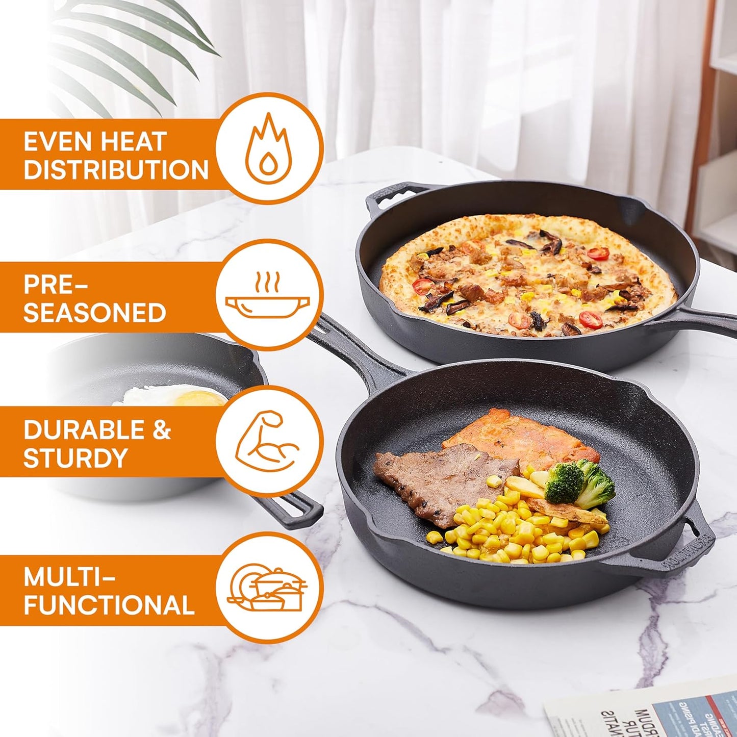 Pre Seasoned 6 Pcs Pots and Pans Set - Bruntmor Double Dutch Oven Crockpot - Cooking Set - Cast Iron Skillets and Square Grill Pan with Lid - Outdoor Camping Cookware - Kitchen Accessories