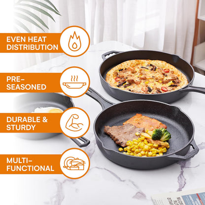 Pre Seasoned 6 Pcs Pots and Pans Set - Bruntmor Double Dutch Oven Crockpot - Cooking Set - Cast Iron Skillets and Square Grill Pan with Lid - Outdoor Camping Cookware - Kitchen Accessories