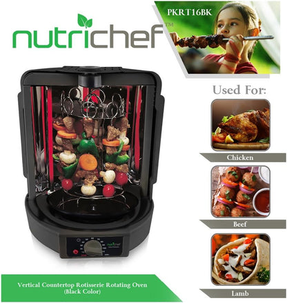 Nutrichef Vertical Countertop Rotisserie Oven Roaster, Rotating Shawarma and Kebab Machine with Skewer and Rack, Basket Tower, Roasting Rack, Poultry Tower, Drip Tray, for Meat Chicken Turkey Lamb