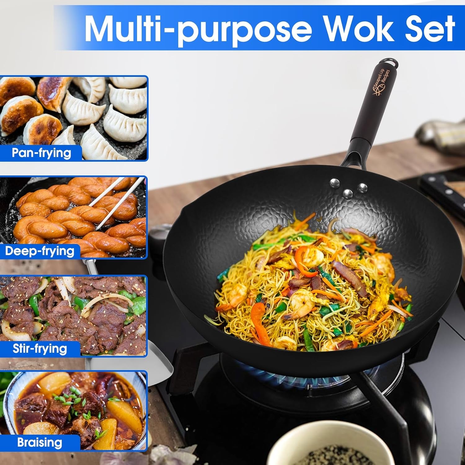 13.4 Inch Carbon Steel Wok for Electric, Induction and Gas Stoves (Lid, Spatula and User Guide Video Included)