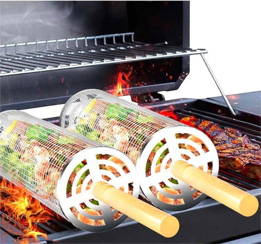 Nesting Rolling Grill Baskets 2PCS,304 Stainless Steel BBQ Tools with Removable Wooden Handle for Vegetables,Shrimp,Camping,Backyard,Outdoor Grilling Accessories,Grilling Gifts for Men