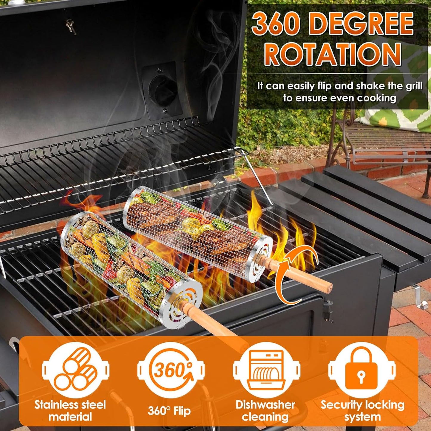 Rolling Grill Baskets for Outdoor Grill, Nesting Grill Baskets with Wood Handle Stainless Tube round Rolling Grill Net Rolling Basket for BBQ Cooking Camping