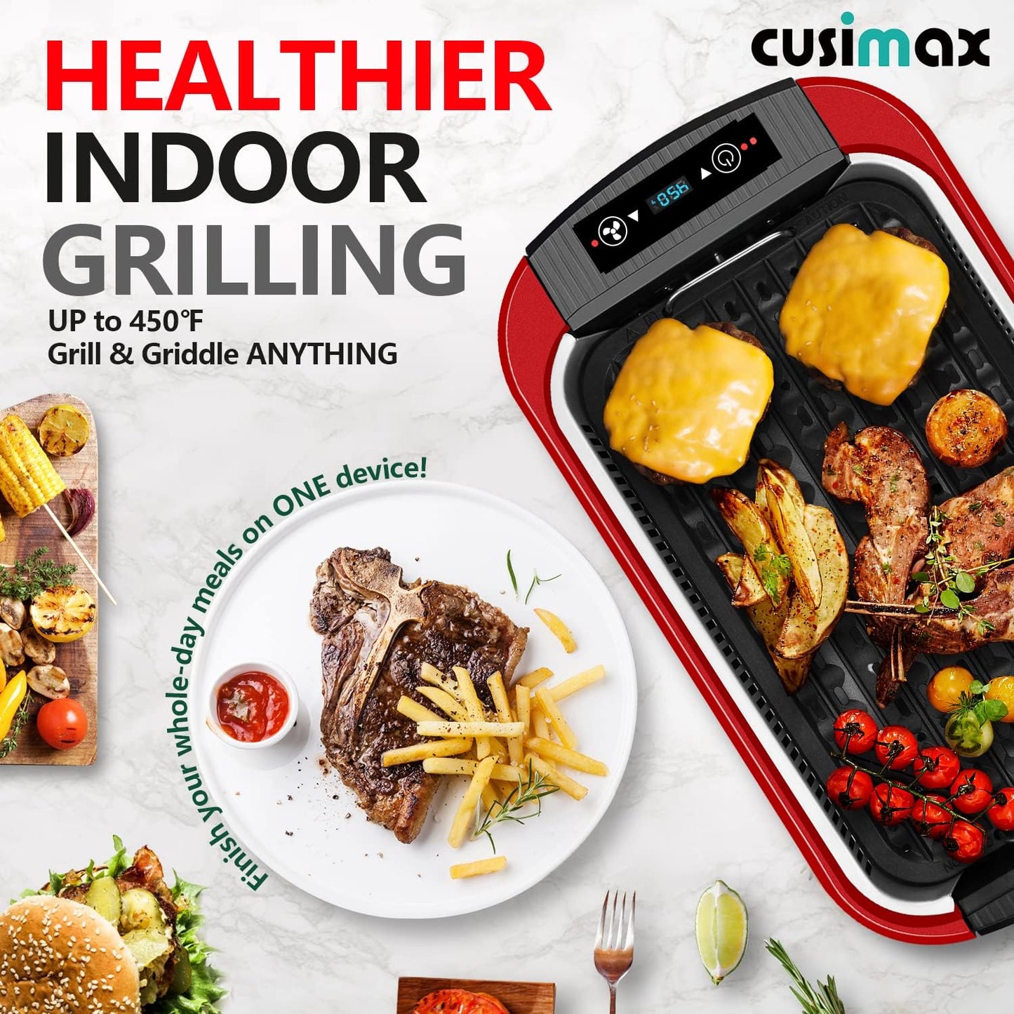 Indoor Grill, CUSIMAX Smokeless Grill Indoor, Electric Grill Griddle, 1500W Korean BBQ Grill with LED Smart Display & Tempered Glass Lid, Non-Stick Removable Grill Plate & Griddle Plate, Red