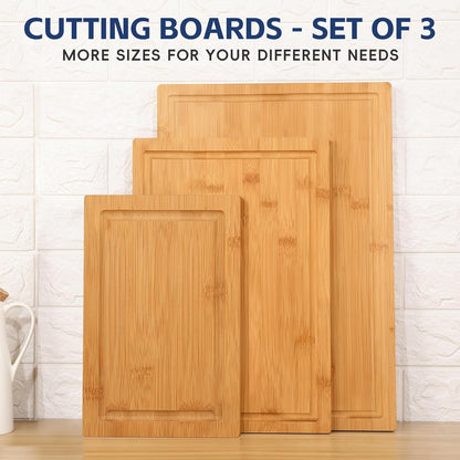 Hiware 3-Piece Bamboo Cutting Boards for Kitchen, Heavy Duty Bamboo Cutting Board with Juice Groove, Wood Cutting Board Set for Meat, Vegetables