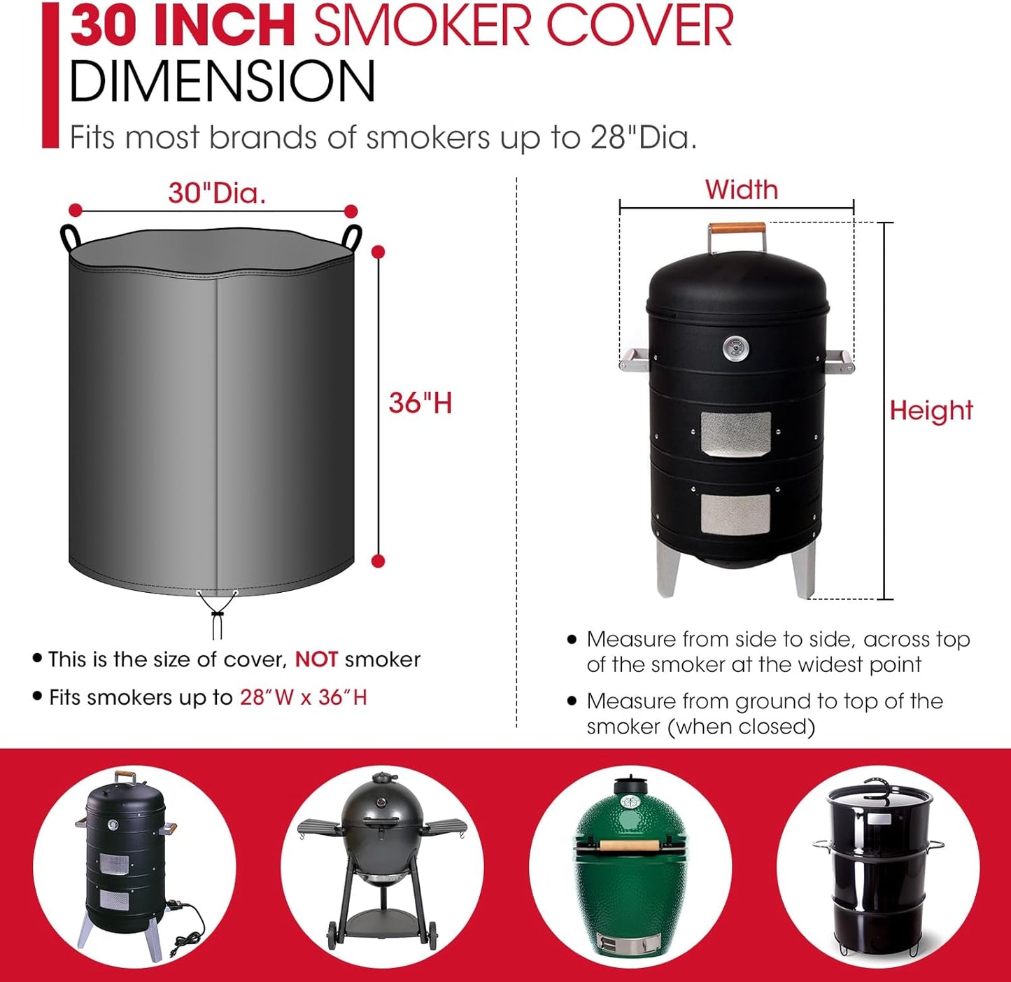 Unicook round Smoker Cover 30 Inch, Heavy Duty Waterproof Charcoal Kettle BBQ Grill Cover, Fade Resistant Barrel Protector, Fits Weber Char-Griller Akorn Kamado and More, 30" Dia X 36" H