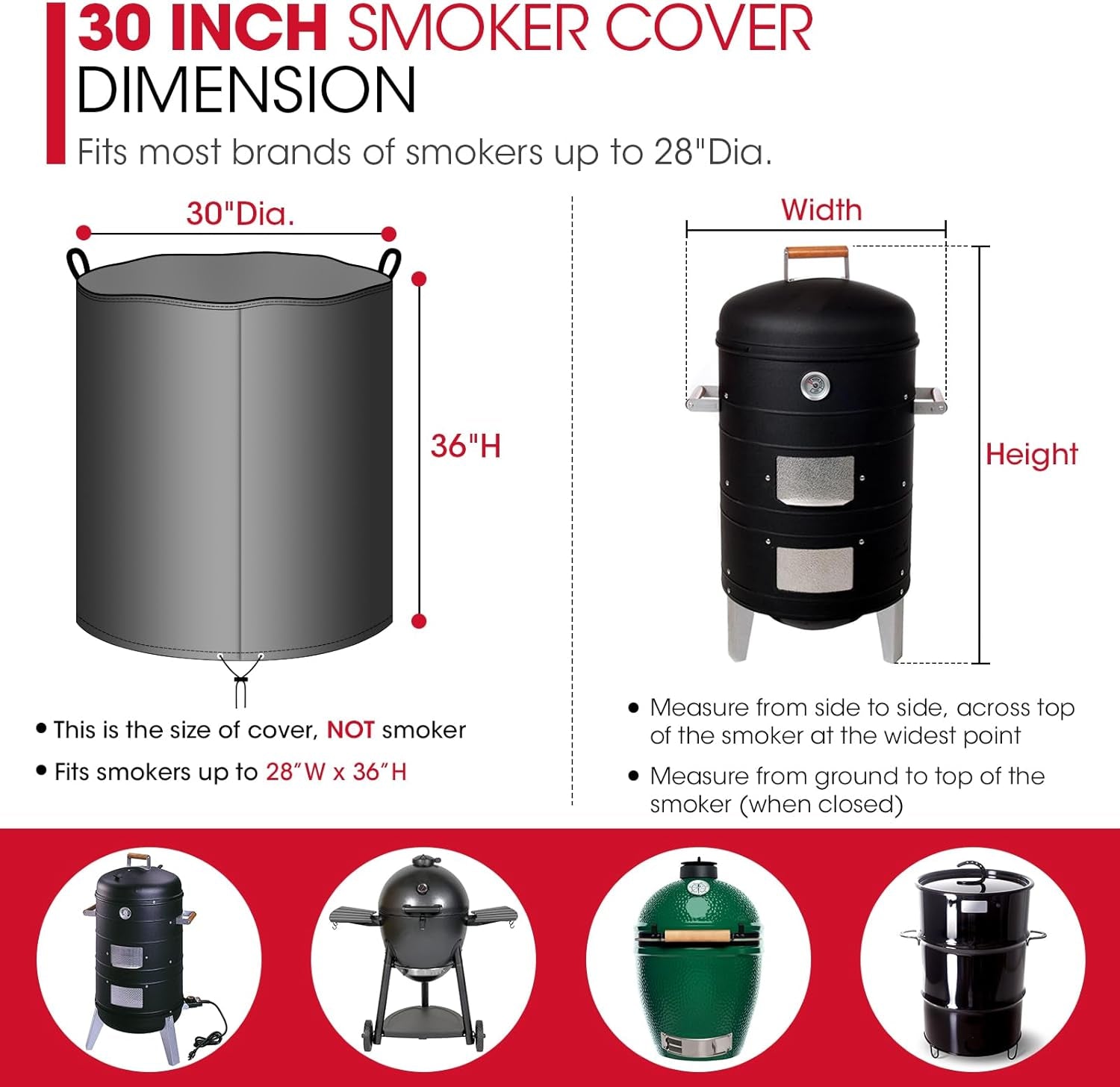 Unicook round Smoker Cover 30 Inch, Heavy Duty Waterproof Charcoal Kettle BBQ Grill Cover, Fade Resistant Barrel Protector, Fits Weber Char-Griller Akorn Kamado and More, 30" Dia X 36" H