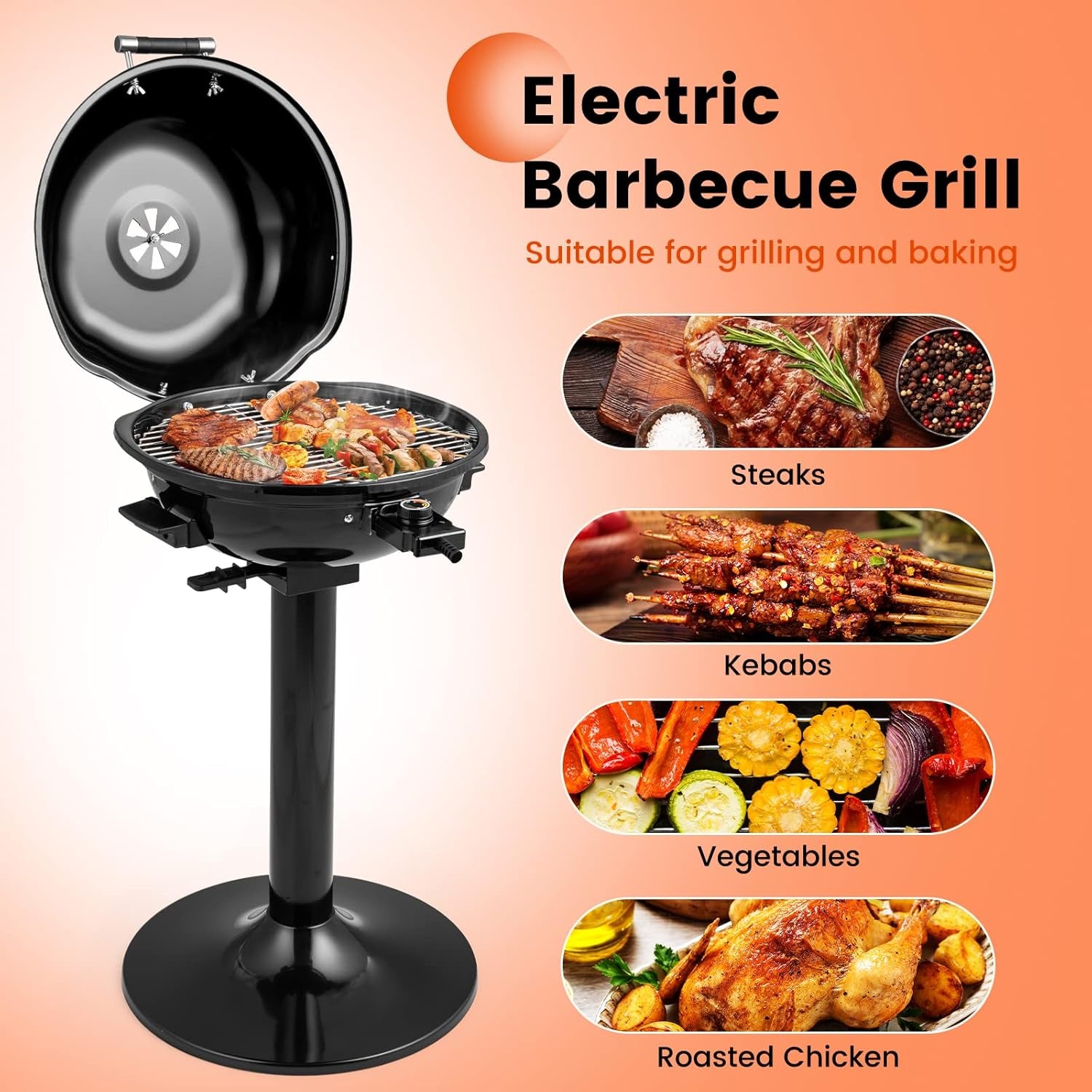 COSTWAY Electric BBQ Grill, Portable Grill with Metal Cooking Grilling Rack, Detachable Temperature Control & Removable Grease Collector, Outdoor Freestanding Grill for Camping &Tailgating (Black)