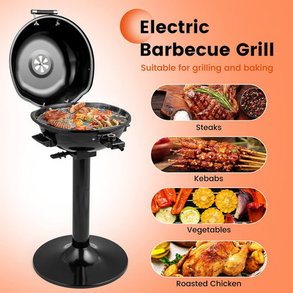 COSTWAY Electric BBQ Grill, Portable Grill with Metal Cooking Grilling Rack, Detachable Temperature Control & Removable Grease Collector, Outdoor Freestanding Grill for Camping &Tailgating (Black)