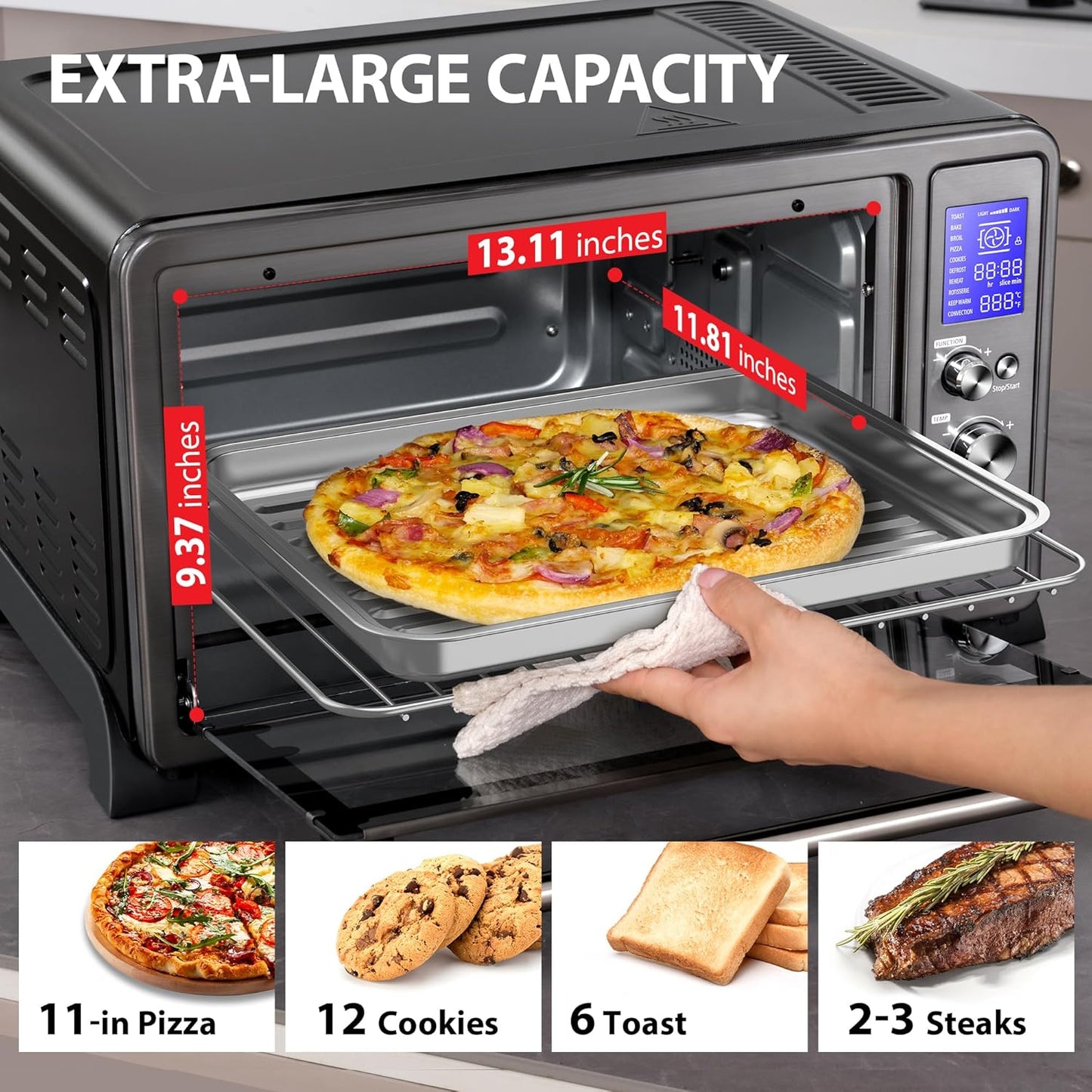 TOSHIBA AC25CEW-BS Large 6-Slice Convection Toaster Oven Countertop, 10-In-One with Toast, Pizza and Rotisserie, 1500W, Black Stainless Steel, Includes 6 Accessories
