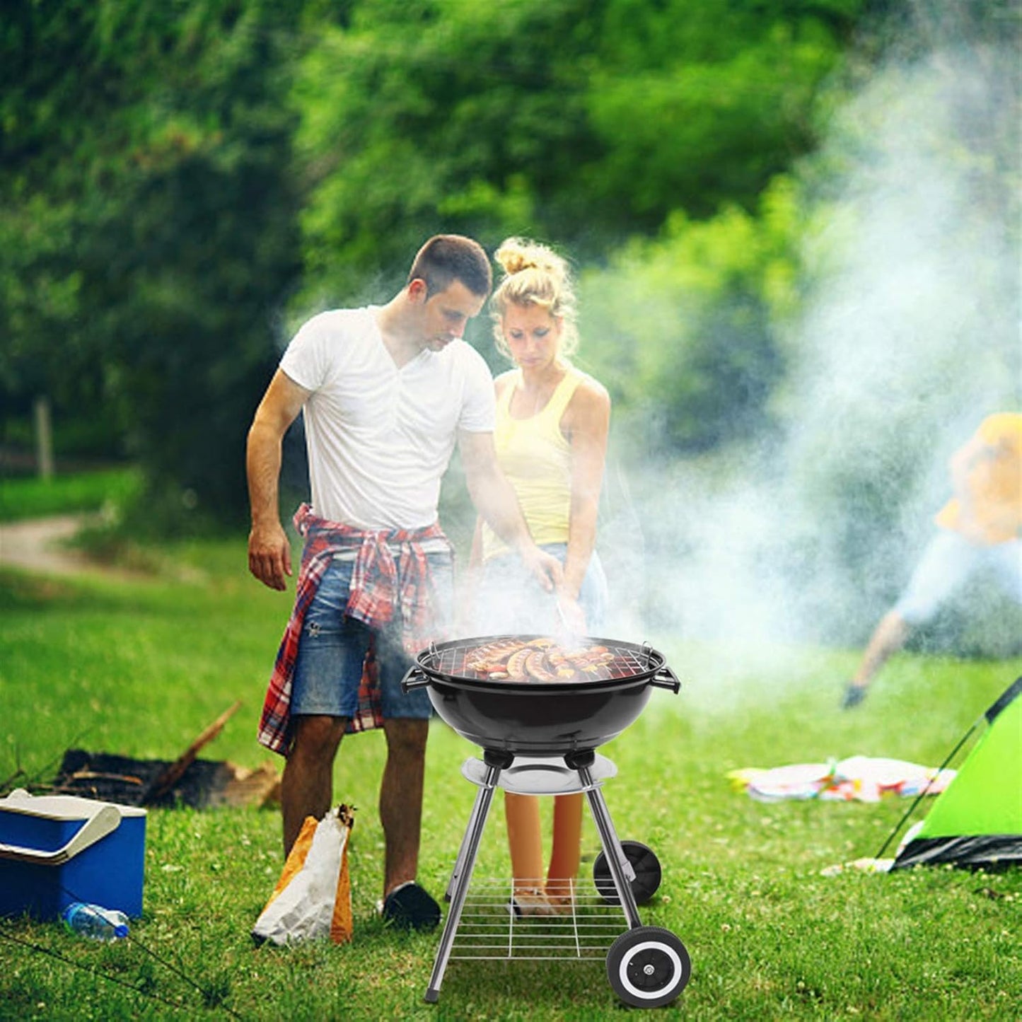 18“ Charcoal Grill with Wheels for Outdoor Cooking Barbecue Camping BBQ Coal Kettle Grill Tailgating Portable Heavy Duty round with Thickened Grilling Bowl Wheels, Black