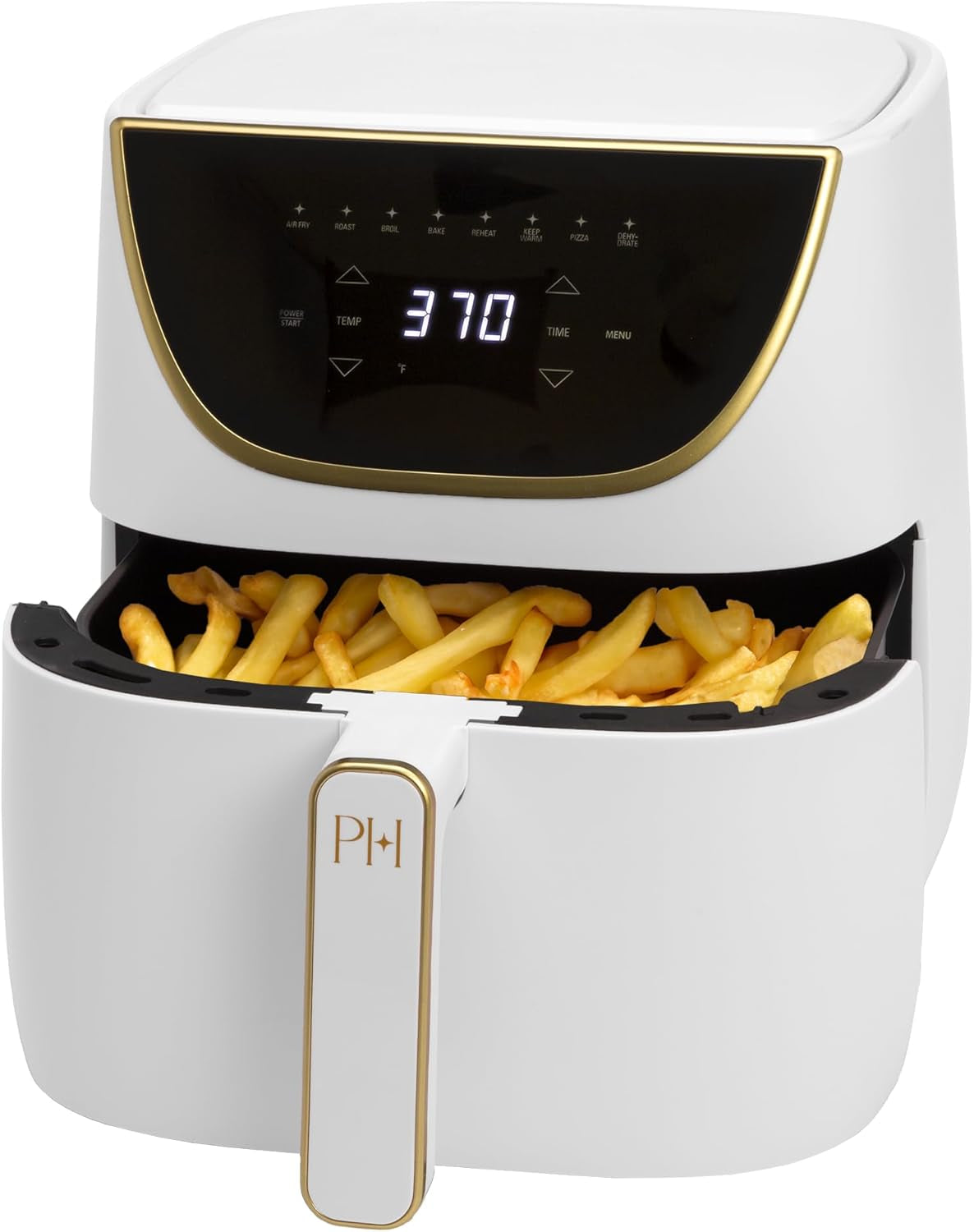 Paris Hilton Air Fryer, Large 6-Quart Capacity, Nonstick Made without PFAS, Touchscreen Display, 8-In-1 (Air Fry, Roast, Broil, Bake, Reheat, Keep Warm, Pizza, Dehydrate), Dishwasher Safe, White