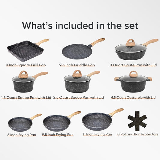 JEETEE Pots and Pans Set Nonstick 23Pcs, Healthy Kitchen Cookware Sets, Induction Cooking Set W/Gray Granite Stone Frying Pans, Saucepans, Sauté Pan, Griddle Pan & Crepe Pan (PFOA Free)
