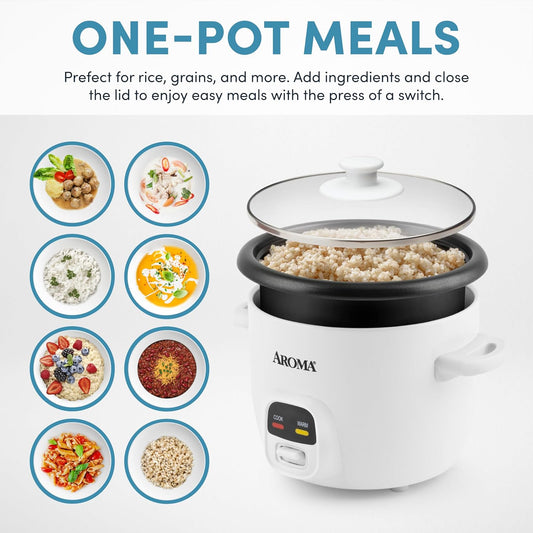 AROMA Rice Cooker, 3-Cup (Uncooked) / 6-Cup (Cooked), Small Rice Cooker, Oatmeal Cooker, Soup Maker, Auto Keep Warm, 1.5 Qt, White, ARC-393NG
