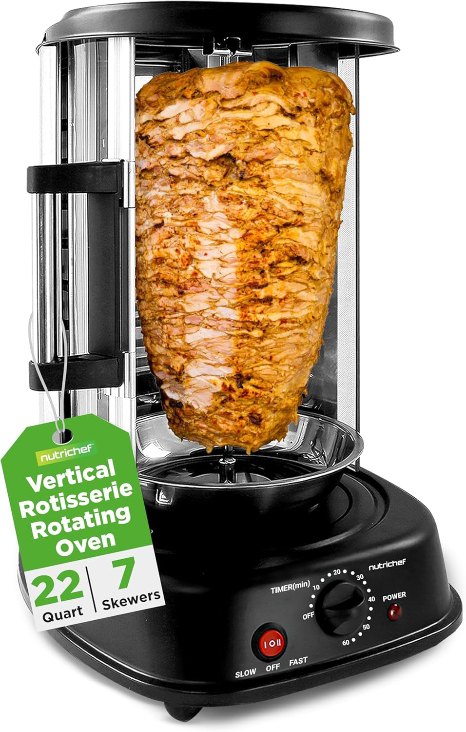Nutrichef Vertical Rotating Turkey & Shawarma Oven | Rotisserie, Shawarma, & Kebab Machine | Stain-Resistant, Energy-Efficient | Heat-Resistant Door | Includes Kebab Rack & 7 Skewers | Stainless Steel