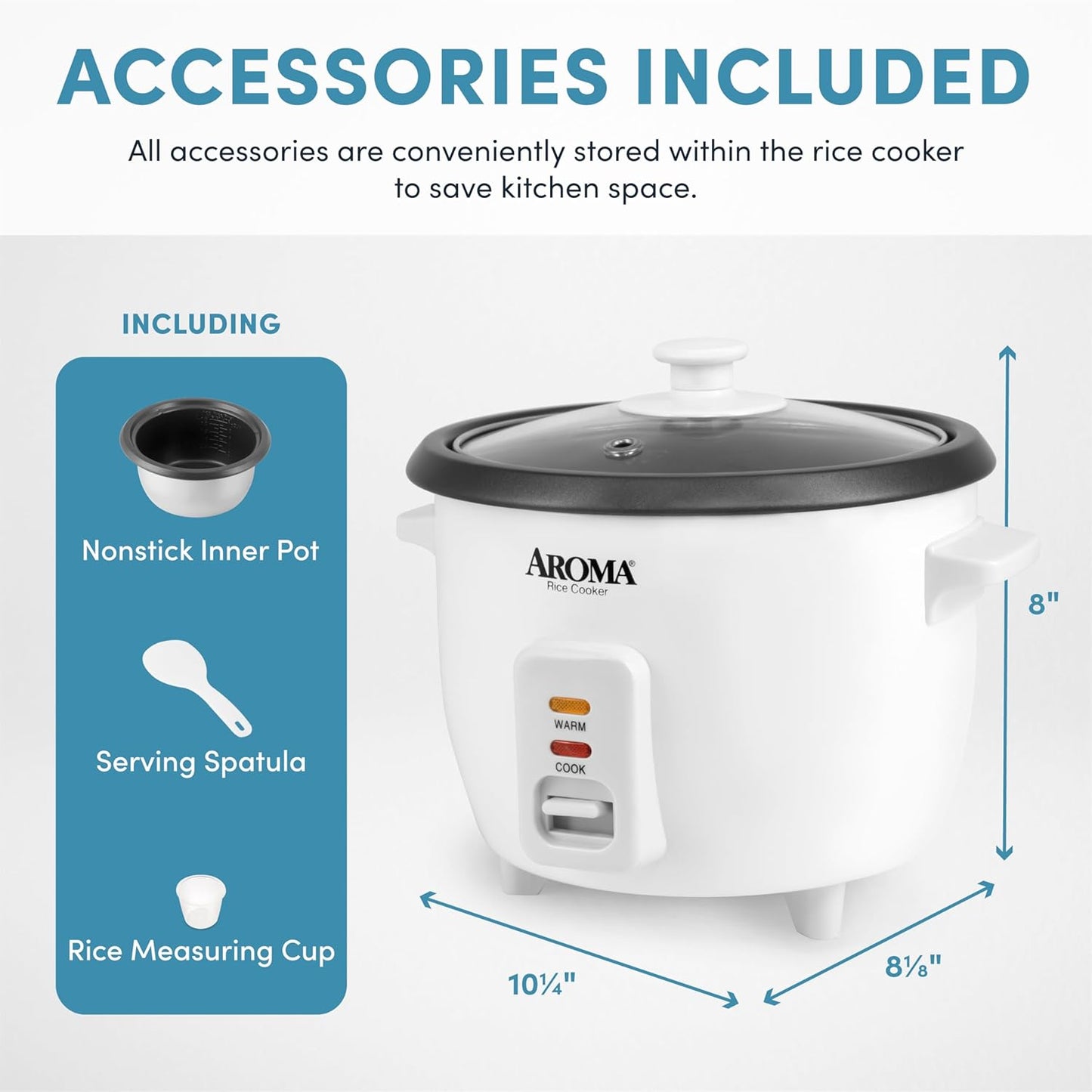 Aroma Housewares Aroma 6-Cup (Cooked) 1.5 Qt. One Touch Rice Cooker, White (ARC-363NG), 6 Cup Cooked/ 3 Cup Uncook/ 1.5 Qt.