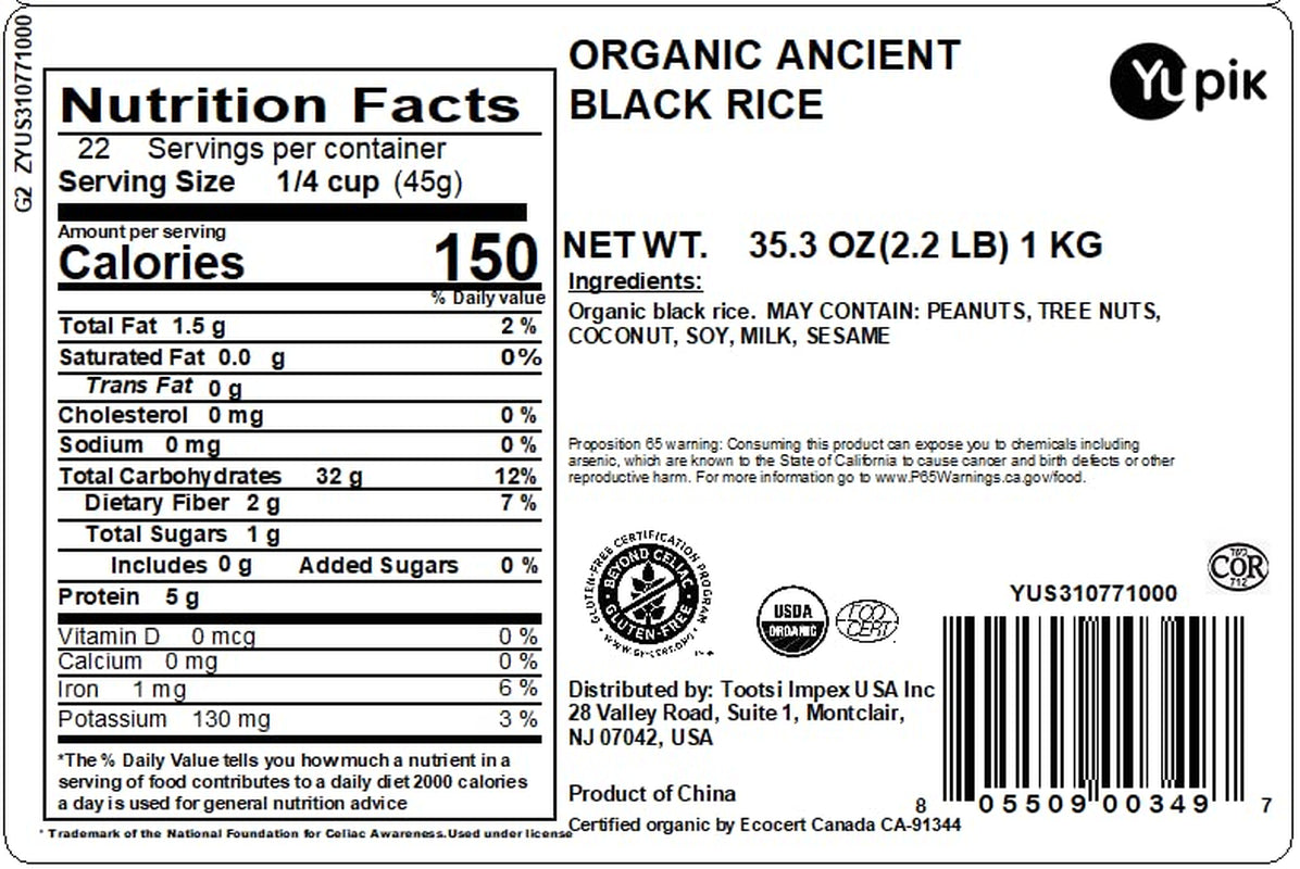 Yupik Organic Ancient Black Rice, 2.2 Lb (35.2 Oz), USDA Certified, Kosher, Gluten-Free, Whole Grain, Ideal for Cooking, Side Dishes, and Salads